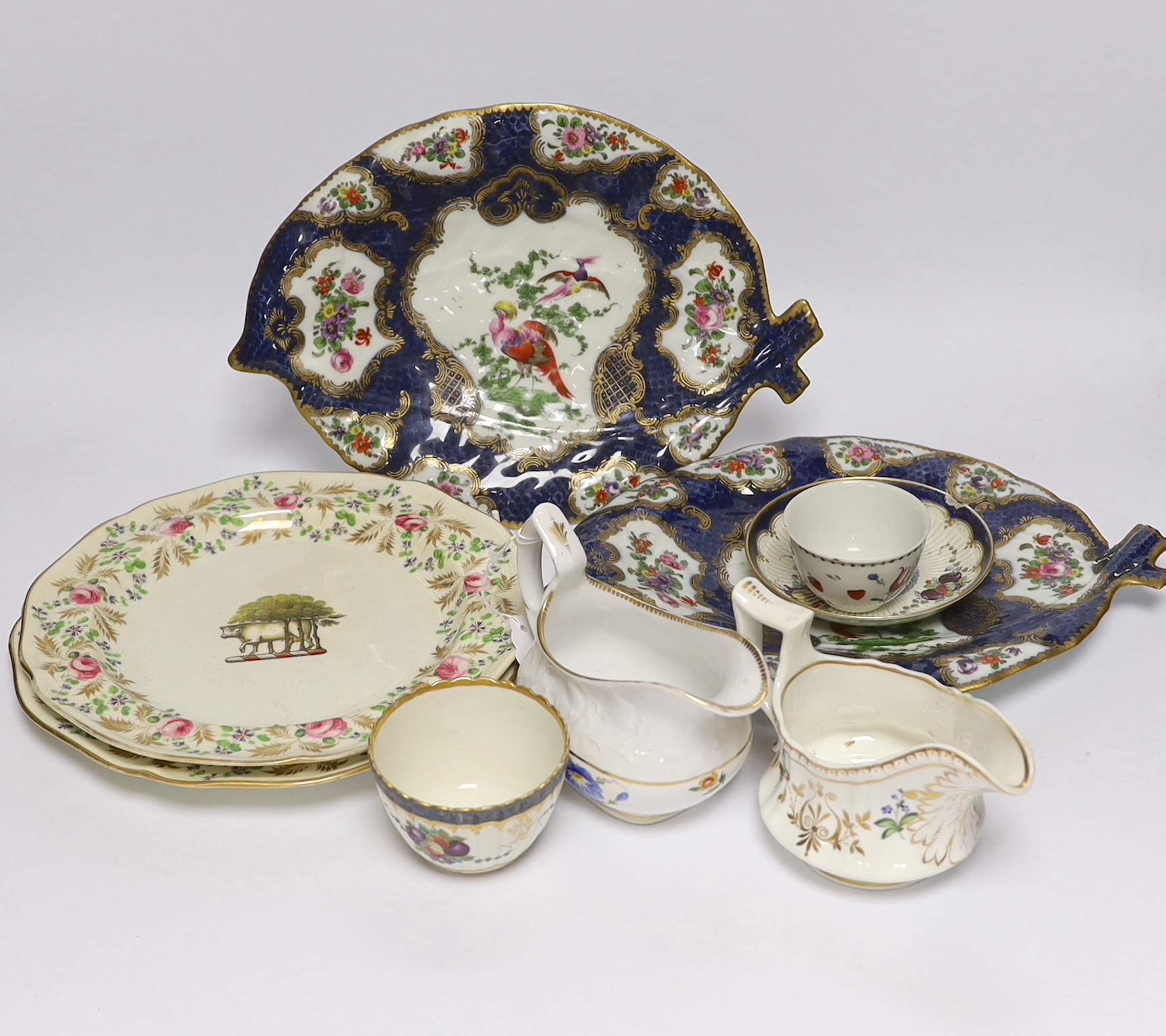 A pair of Samson Worcester style scale blue dishes, a Worcester fruit painted tea bowl and saucer, c.1780 and another teabowl together with a pair of Derby armorial plates, c.1820 and two jugs